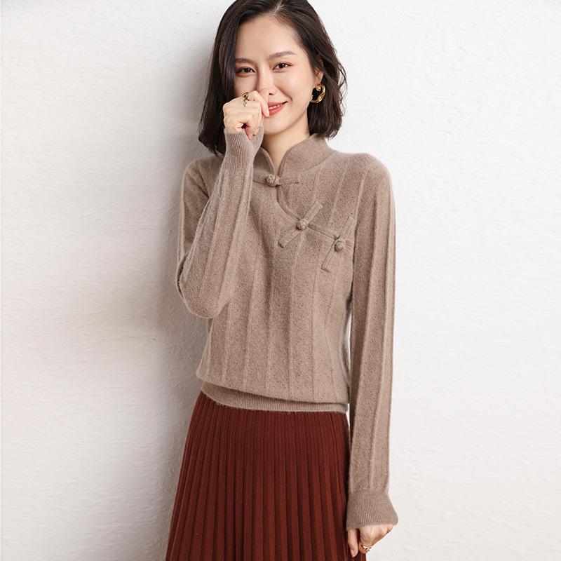 

Женский кардиган из красного кашемира на пуговицах-лягушках, осень/зима 2024 - воротник-стойка в китайском стиле Small бежевый/фиолетовый