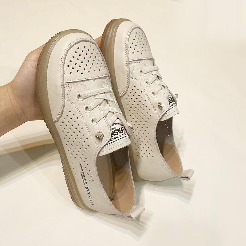First Layer Cowhide Little White Shoes Women's Casual Soft-soled Hole Shoes Versatile Comfortable Non-slip Breathable Pregnant Women Flat Sandals