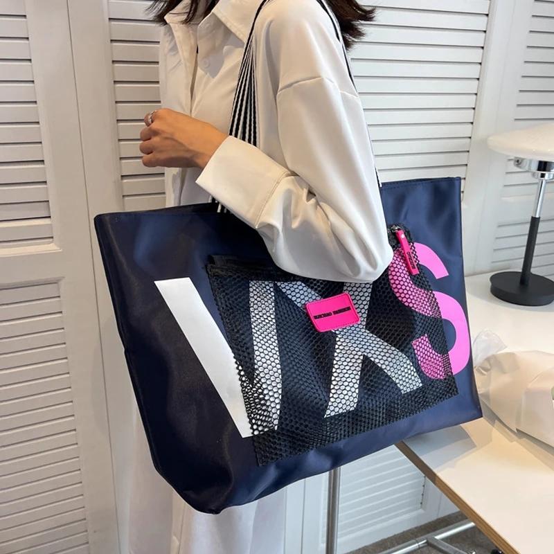 

Брендовая женская сумка большой вместимости, сумка-тоут с буквенным принтом, нейлоновая водонепроницаемая пляжная сумка на плечо, дорожные сумки для покупок, сумки темно-синий