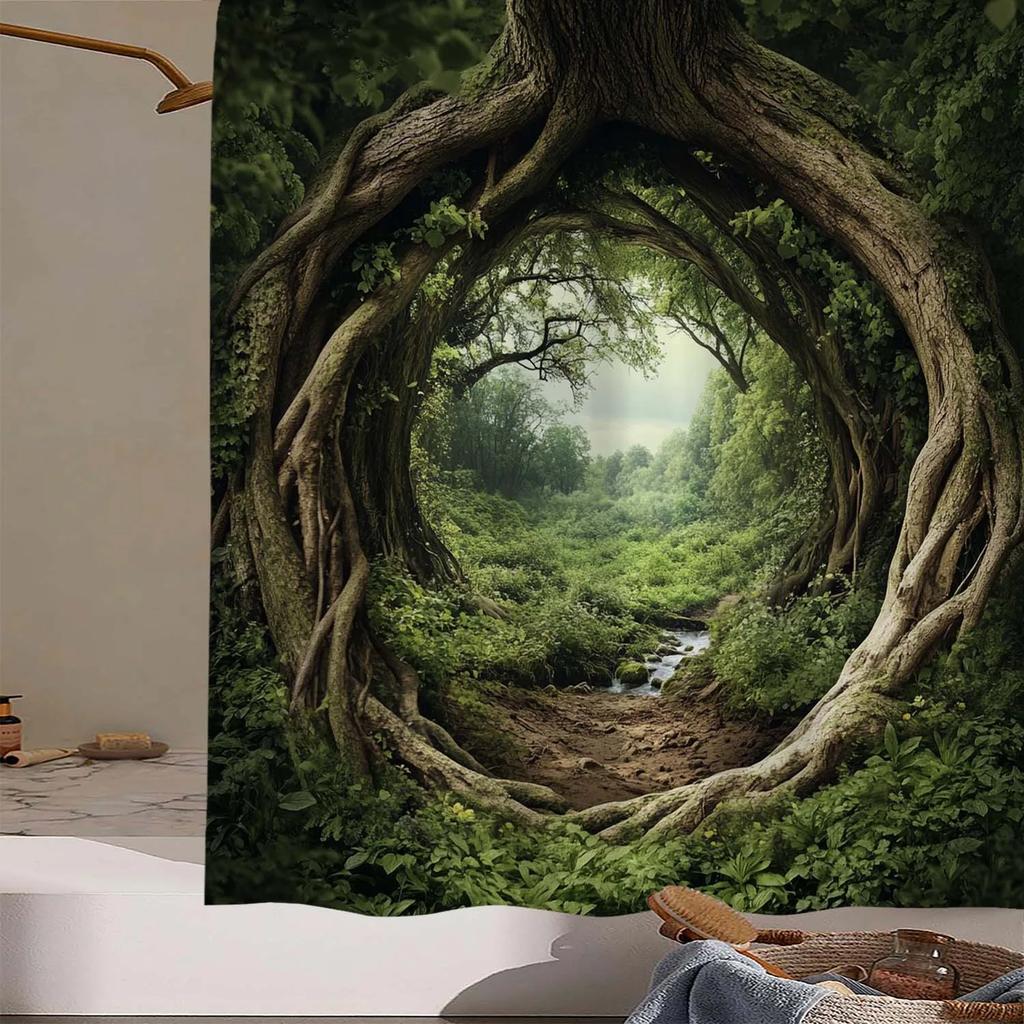 Bezaubernder Waldportal Duschvorhang für ein mystisches und einladendes Badezimmer, mit einem filigranen Design aus verschlungenen Bäumen