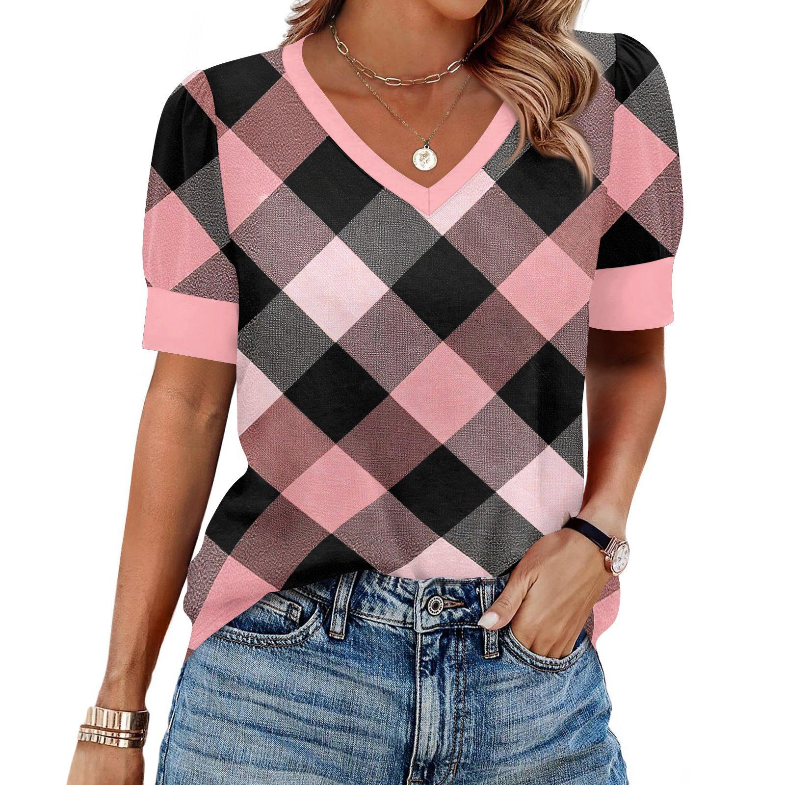 

Women s Fashion Casual V- Neck Short Sleeve Print Shirt Women s Up Tops XXL рожевий