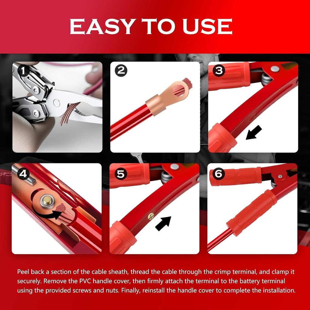 4PCS 1000A Jumper Cable Clamps Battery Crimps, Heavy Duty Alligator Battery Clips with Crimp Terminals & Non-Slip Handles, Universal for Most Cars