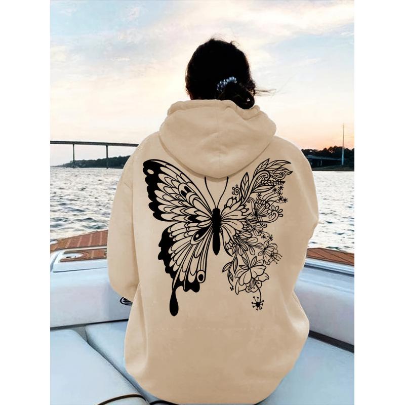 Women's Casual Polyester Hoodie with Butterfly & Floral Print, Fashionable Long Sleeves