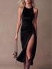 2026 Women's Solid Color Velvet High Slit Bodycon Dress - European and American Summer Fashion