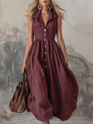 Dámské áčkové dlouhé šaty z bavlny a lnu s límcem - Stylové a elegantní na dojíždění