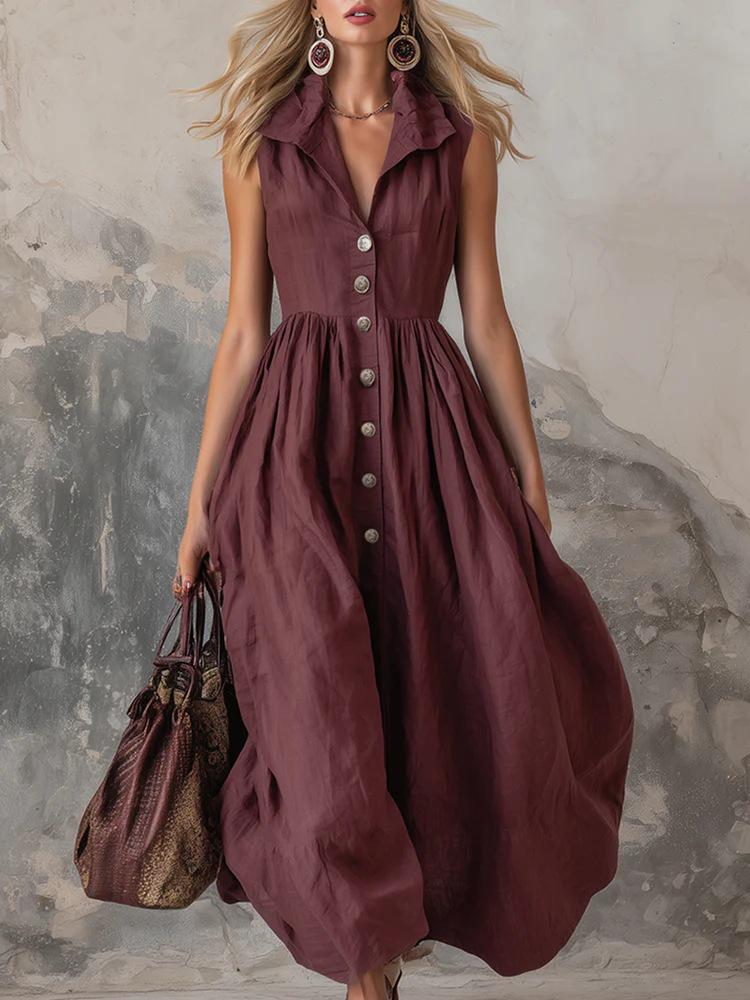 Women's A-line Cotton Linen Long Skirt Dress with Lapel - Stylish and Elegant for Commute