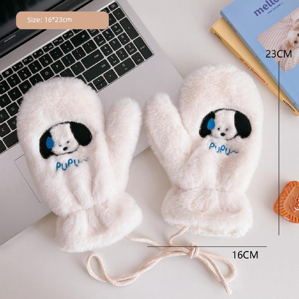 Japanese and Korean Cartoon Gloves, Autumn and Winter Fleece-Lined, Cute Chacha Bear Full-Finger Neck-Hanging Thickened Windproof Warm Casual Plush