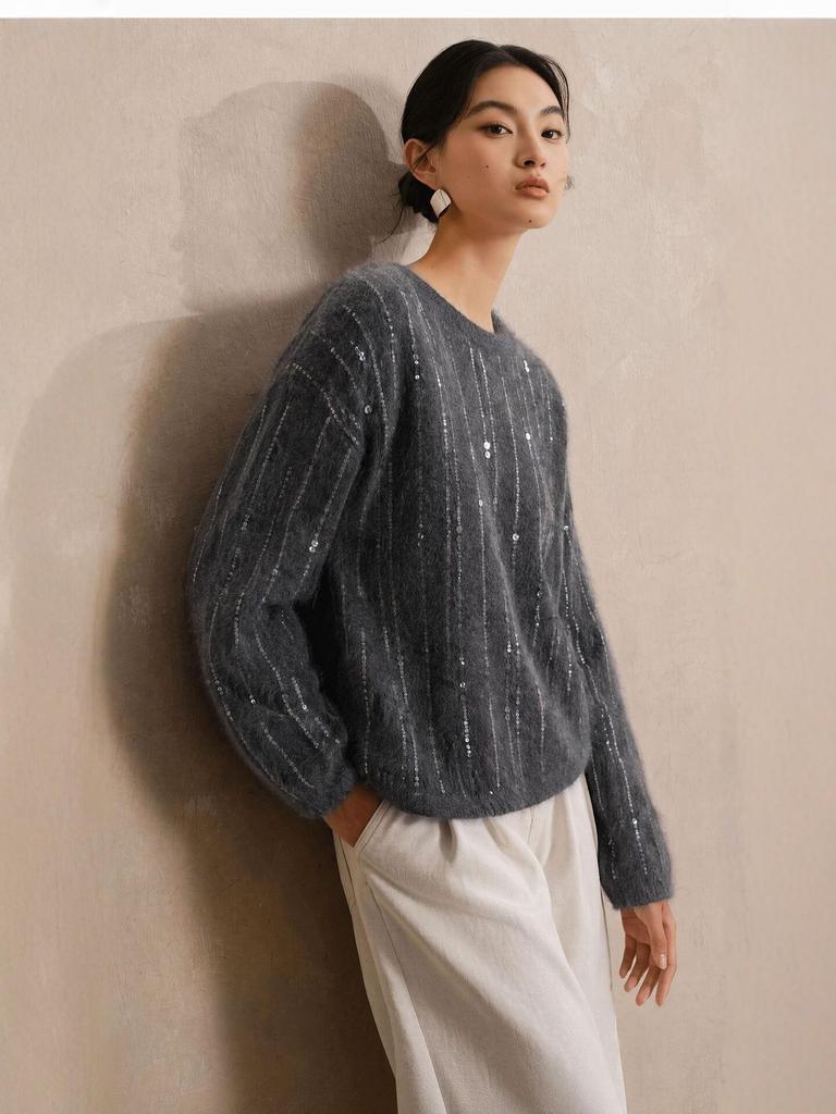 Women's Gray Sequin Stripe Round Neck Loose Knit Sweater - Autumn/Winter Style