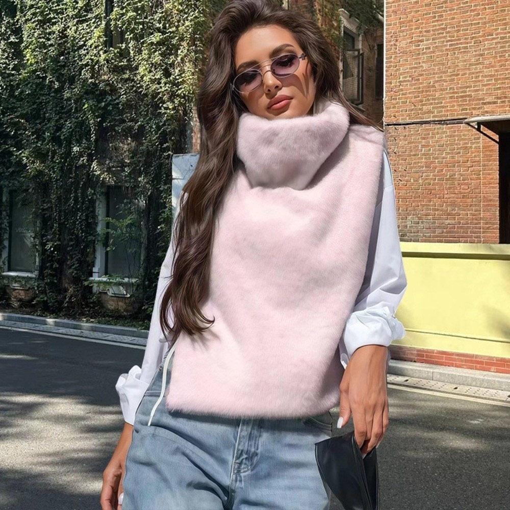 Mink Fur Turtleneck Tank Tops High Collar Layering Piece Faux Fur Vest Fluffy Thicken Sable Vest Autumn Winter