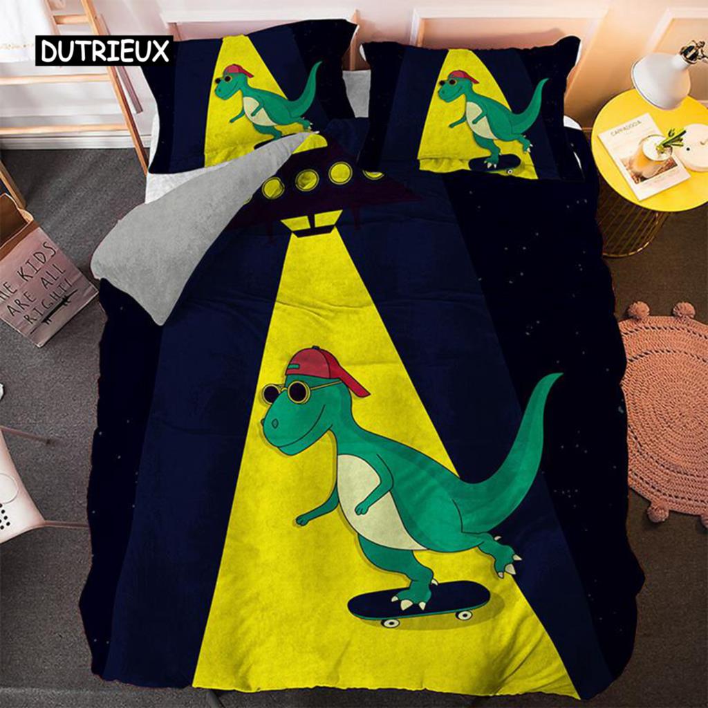 Cartoon Dinosaur Duvet Cover Set Dinosaur Theme Toddler Twin Bedding Set Microfiber Green Dinosaur Hello Bro King Quilt Cover