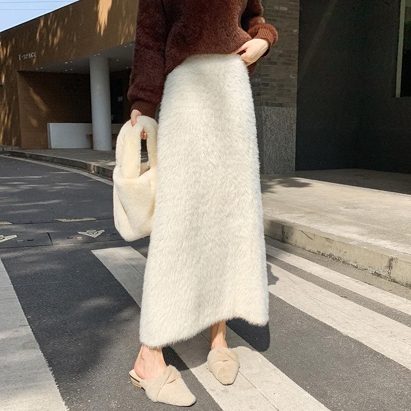 Korean Style Slimming Faux Mink Knit A-Line Midi Skirt for Women - Warm, Winter-Chic