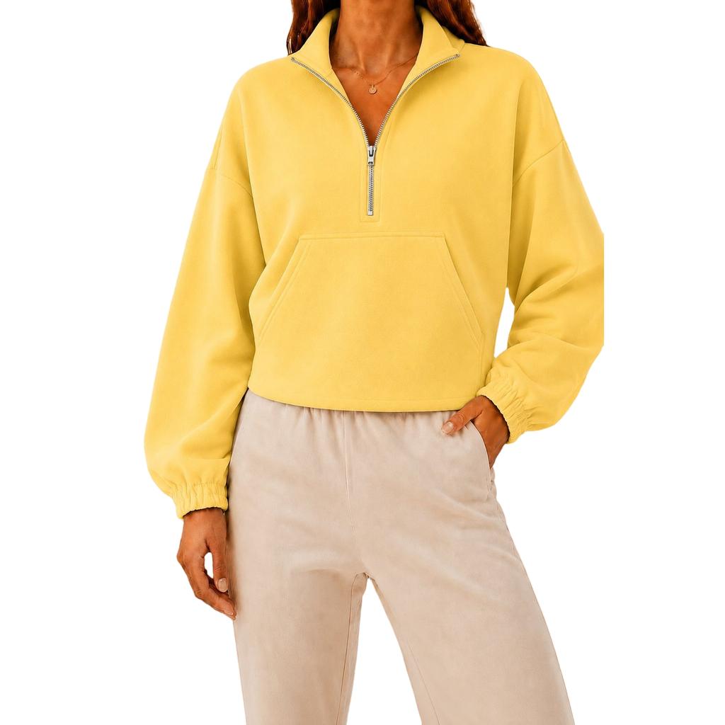 Damen Halbreißverschluss Cropped Langarm Sweatshirt mit Umlegekragen
