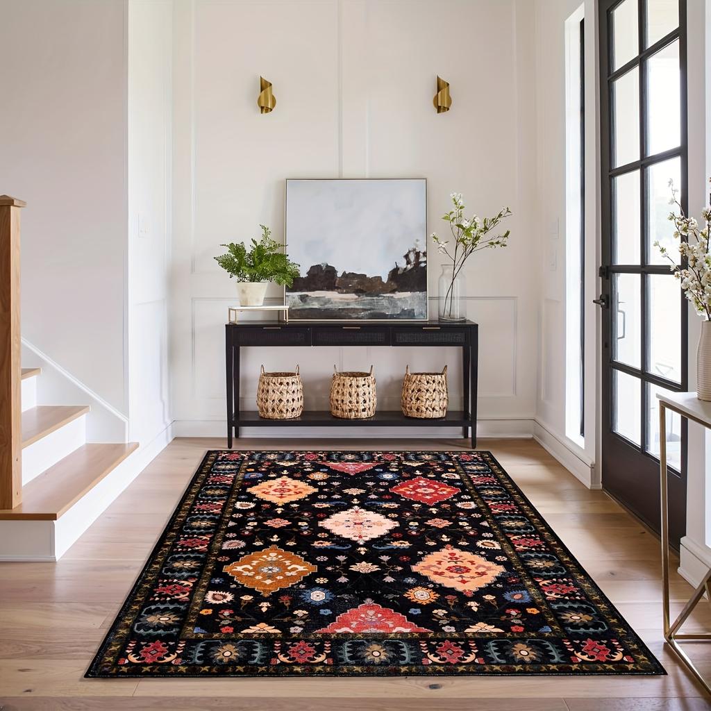 Gnizama Black Floral Living Room Area Rug, Washable Vintage Floral Living Room Rug, Bedroom Area Rug