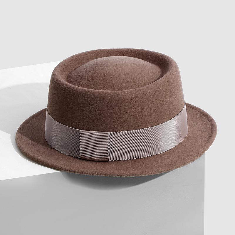 Meier Huaqiao, French autumn and winter concave top flat edge woolen top hat, women's small edge British casual hat