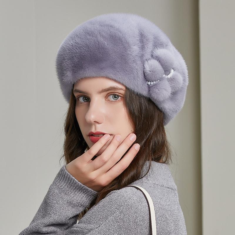 Mink Fur Winter Hats Women Real Mink Fur Berets Warm Genuine Fur Caps With Flower New Female Hat