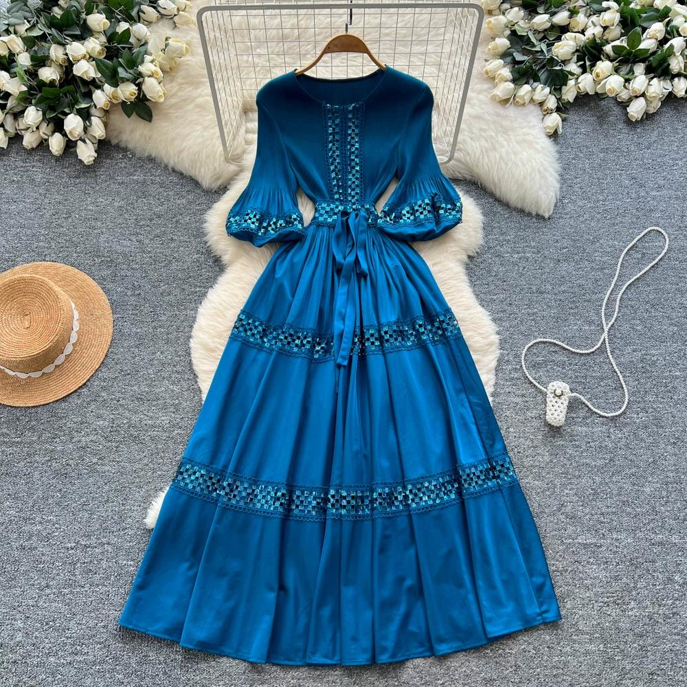 High-End Heavywork Lacing Paillette-Panel Waist-Banding Lantern Sleeve Maxi Dress for Women Autumn Charming Long Women Dress