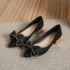 Pointed high heels thick heels women's shoes new high-end bow mid-heel large size 40-43 single shoes