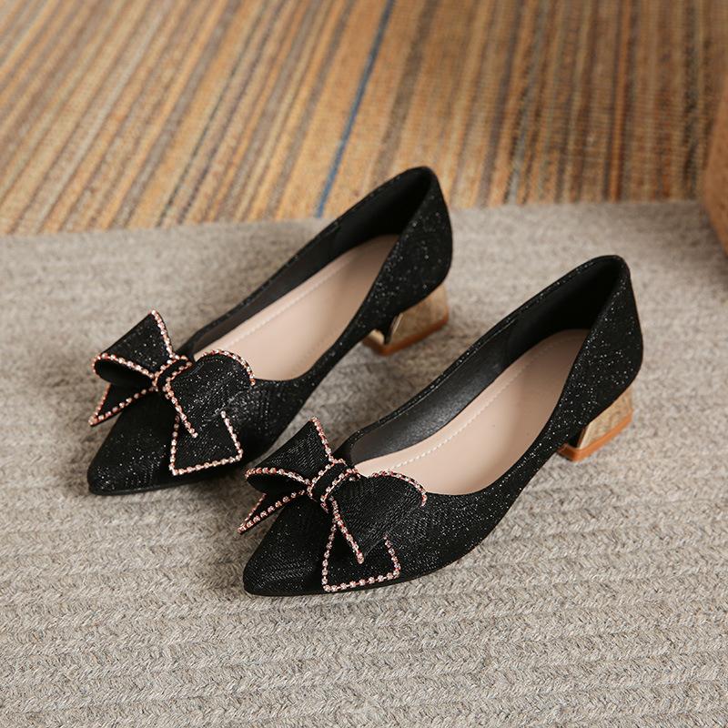 Pointed high heels thick heels women's shoes new high-end bow mid-heel large size 40-43 single shoes
