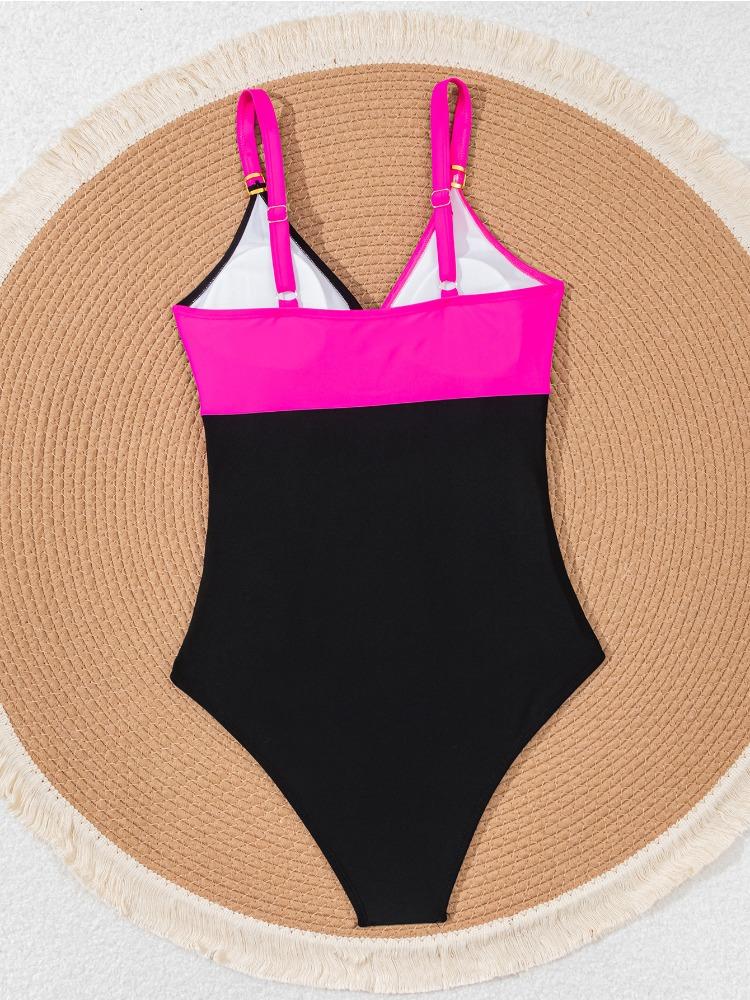 Costume da Bagno Intero Sexy a Blocchi di Colore con Raccoglitura e Incrocio Moda Donna Vacanza al Mare Costume da Bagno Elegante