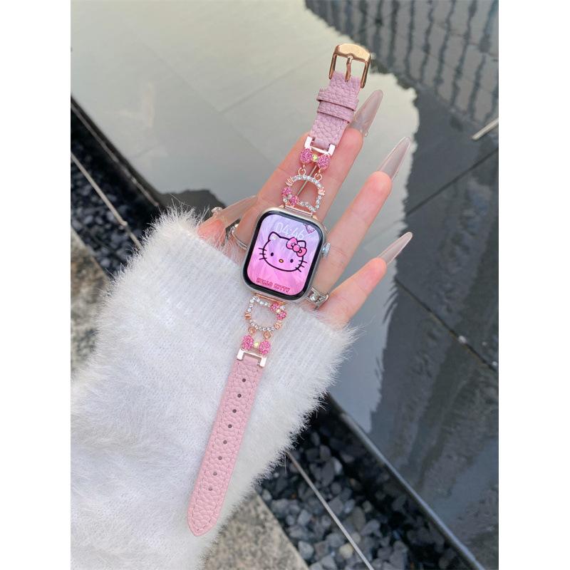 Милая Кошечка Хелло Китти Кожаный Ремешок Для Iwatch10 Apple Watch Applewatch987Se self-test 14mm