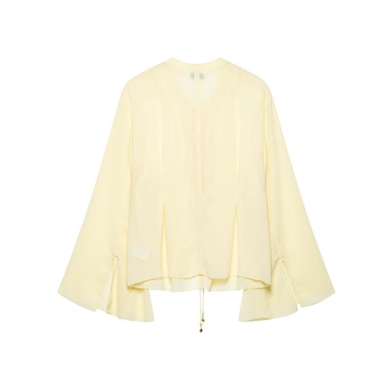 Womens Loose V-Neck Long Sleeve Shirt With Tie Detail Solid Color Casual Chic Top 2025