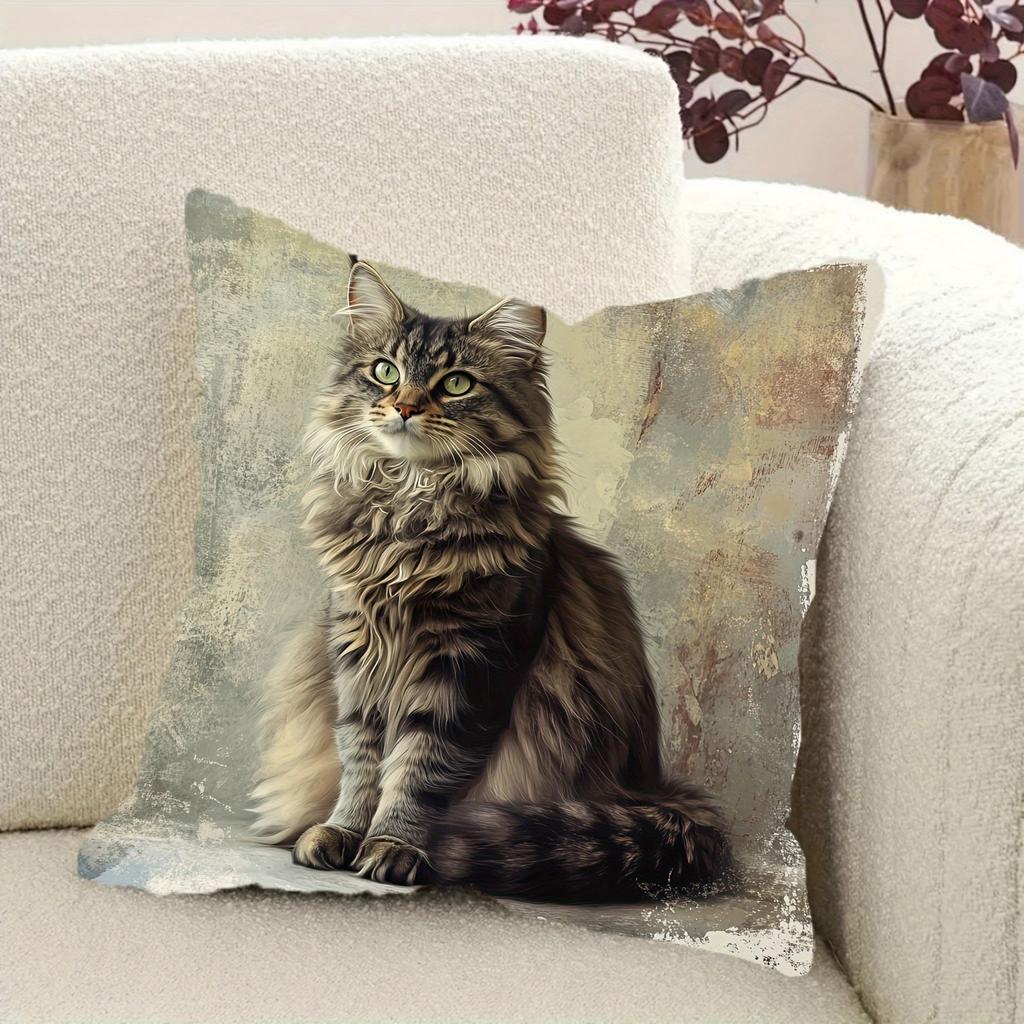 2D Flat- Vintage Rustic Maine Coon Cat Throw Pillow Cover Decorative Square Cushion Case For Sofa Bedroom Living Room