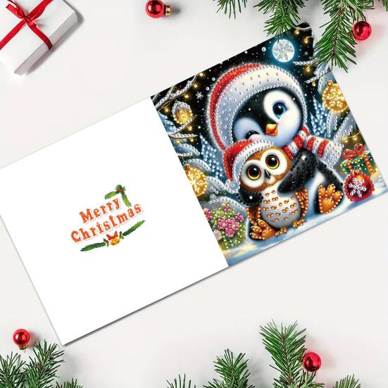 6 Pcs DIY Rhinestone Art Painting Cards Christmas Greeting Card Making Kit with Envelopes 5D Snowman Cat Deer Rhinestone