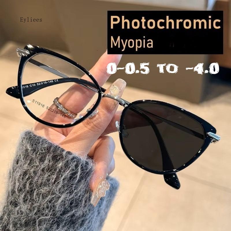 Yeni Kedi Gözü Fotokromik Miyopi Gözlüğü Kadın Erkek Moda Mavi Işık Engelleyici Gözlükler Vintage Büyük Gözlük Unisex Dioptri 0 ila -4.0