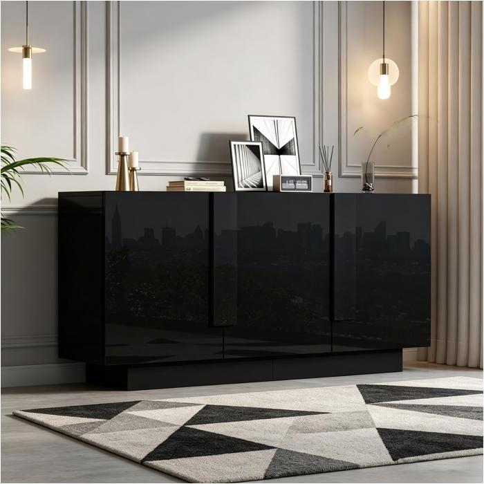 Buffet salon noir brillant 160 x 35 x 60 cm 3 portes 6 compartiments, étagères ajustables grand rangement commode moderne chic déco!