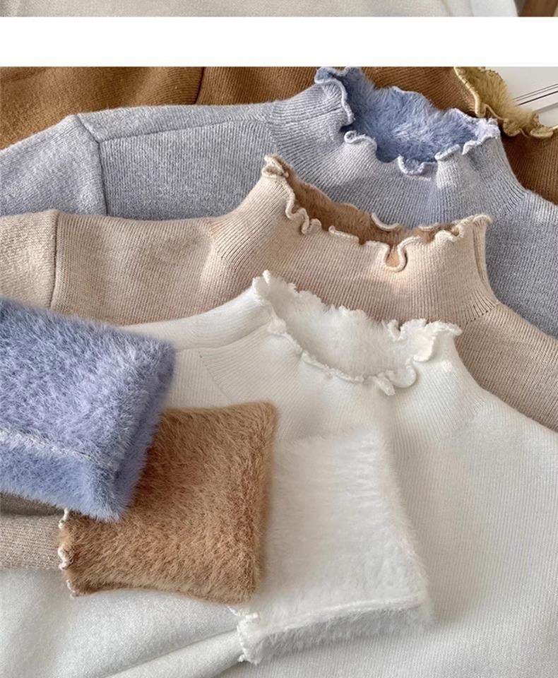 Women's Fleece-Lined Slim-Fit Pullover Sweater: Half-High Collar, Autumn/Winter Base Layer, Hot Item
