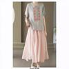 Summer New Chinese Cotton and Linen Embroidered Short-sleeved Shirt Women's Half-open Round Neck Solid Color Pullover