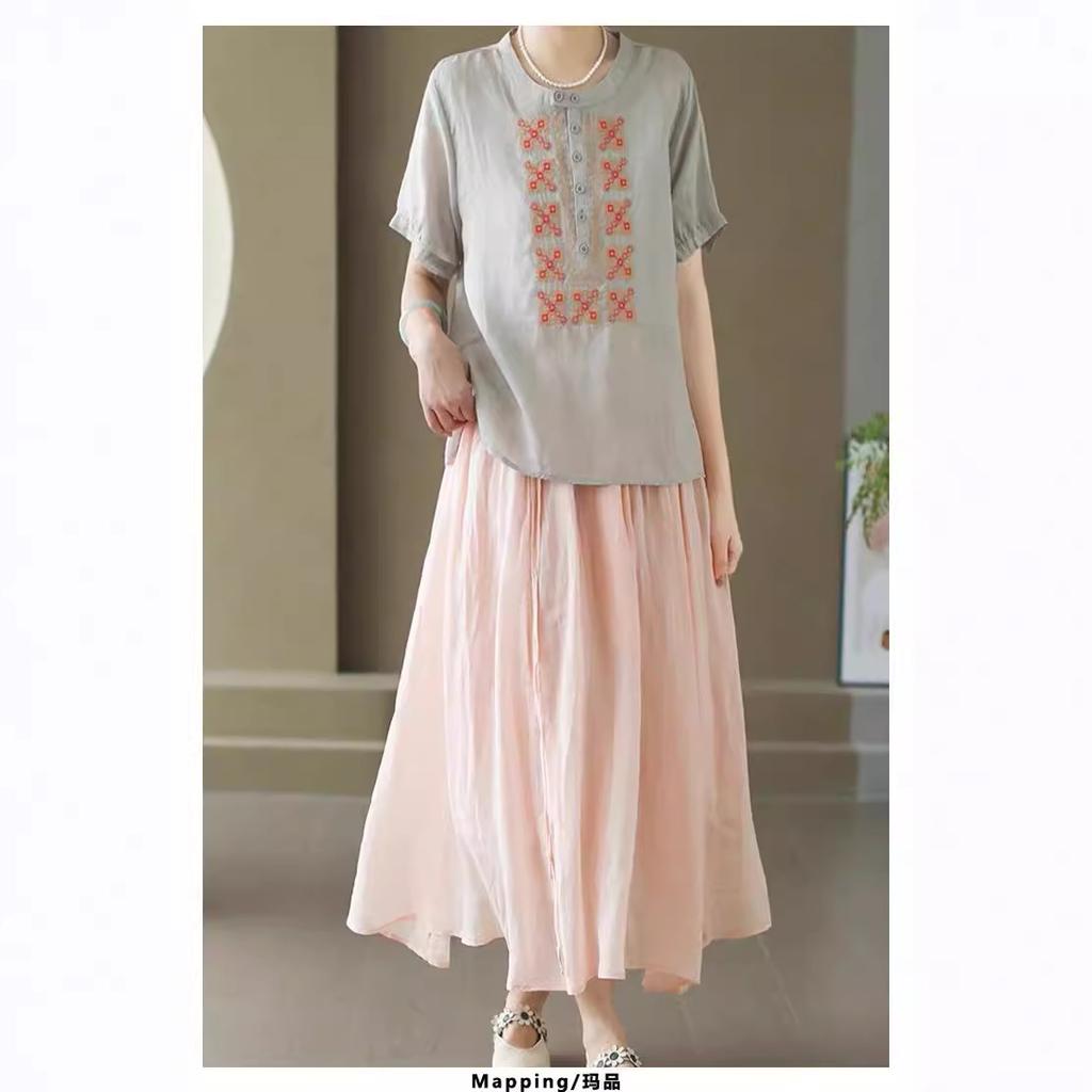 Summer New Chinese Cotton and Linen Embroidered Short-sleeved Shirt Women's Half-open Round Neck Solid Color Pullover