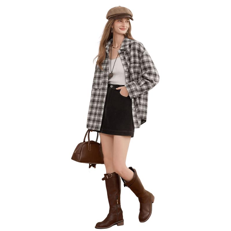 Women's Retro Coffee Plaid Wool Blend Long-Sleeved Shirt
