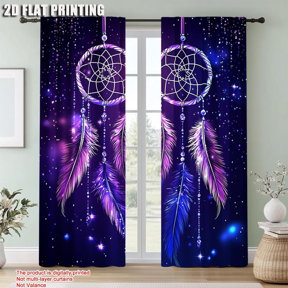 2Pcs Purple Dreamcatcher Feather Digital Printed Window Curtain Suitable For Living Room Bedroom Study Home Decoration Rod