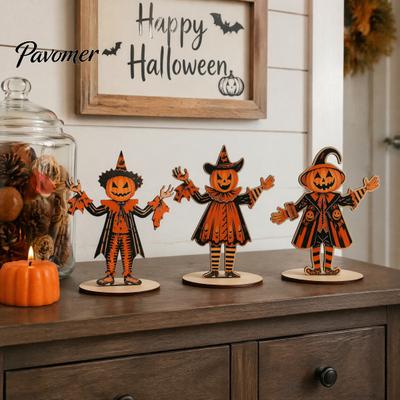 Festive Bar Table Decor 3Pcs Wooden Pumpkin Scarecrow Ornaments, Halloween Centerpiece, Small Centerpieces Vintage Desktop Decoration for Home Office