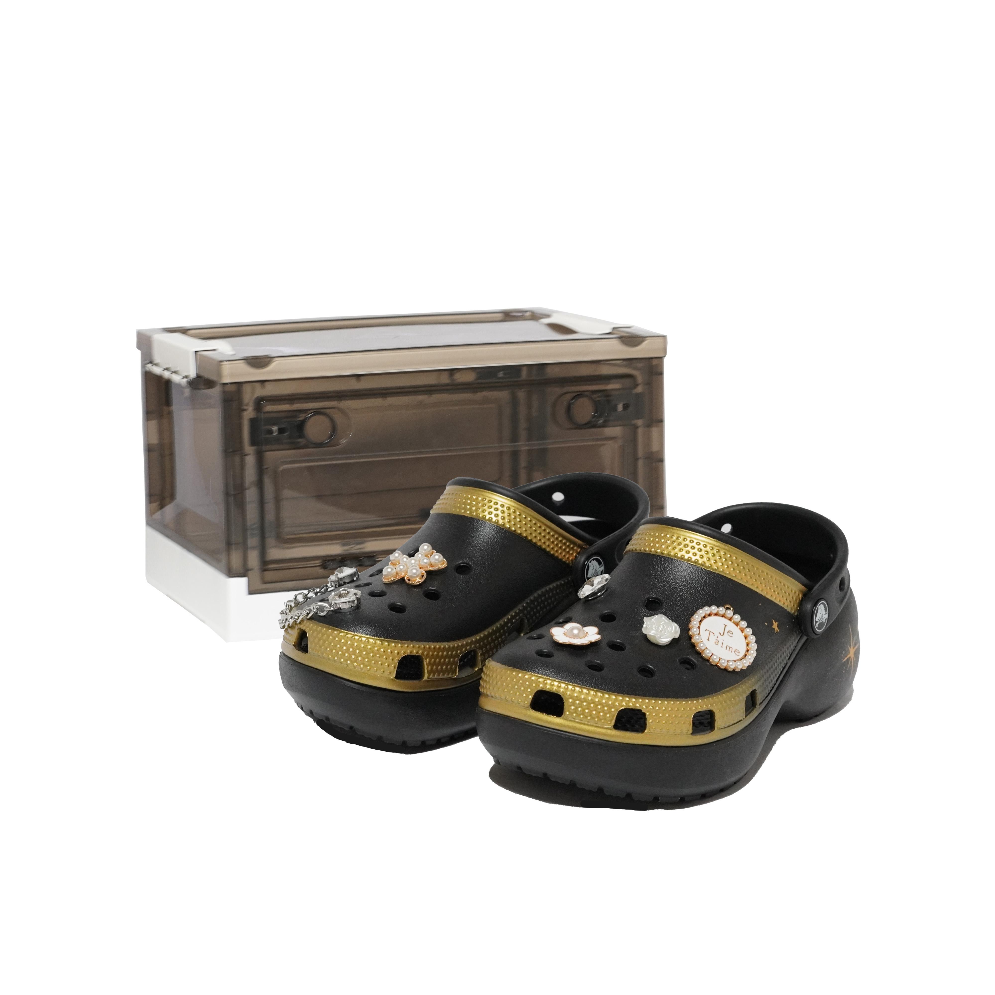 

Crocs Классические сабо на платформе EVA Блестящий черный золото КОРОБКА Тренд Универсальные Классические Облачные Подарочная коробка Обувь с отверстиями Женские Черные 38-39