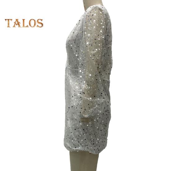 Sexy, figurbetontes Paillettenkleid für Damen, durchsichtiges, langärmliges Minikleid mit tiefem V-Ausschnitt, funkelndes Abend- und Partykleid für Nachtclubs