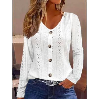Spring and Autumn Women's Blouse Solid Color Jacquard V-Neck Button Long Sleeve Tops