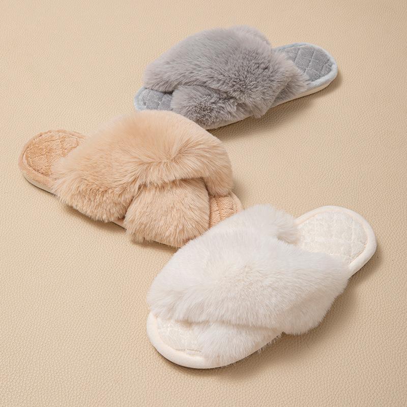 Cross-strapped Plush Slippers Winter Warm Cotton Slippers Indoor Home Warm Plush Slippers
