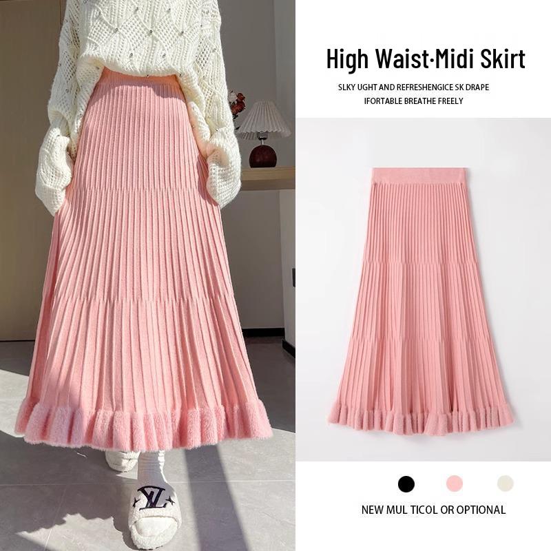 

Миди-юбка А-силуэта из норкового трикотажа - Высокая талия, Стройнящая оборка, Лоскутный дизайн для осени/зимы One Size (Recommended for 80-145 kg) розовый