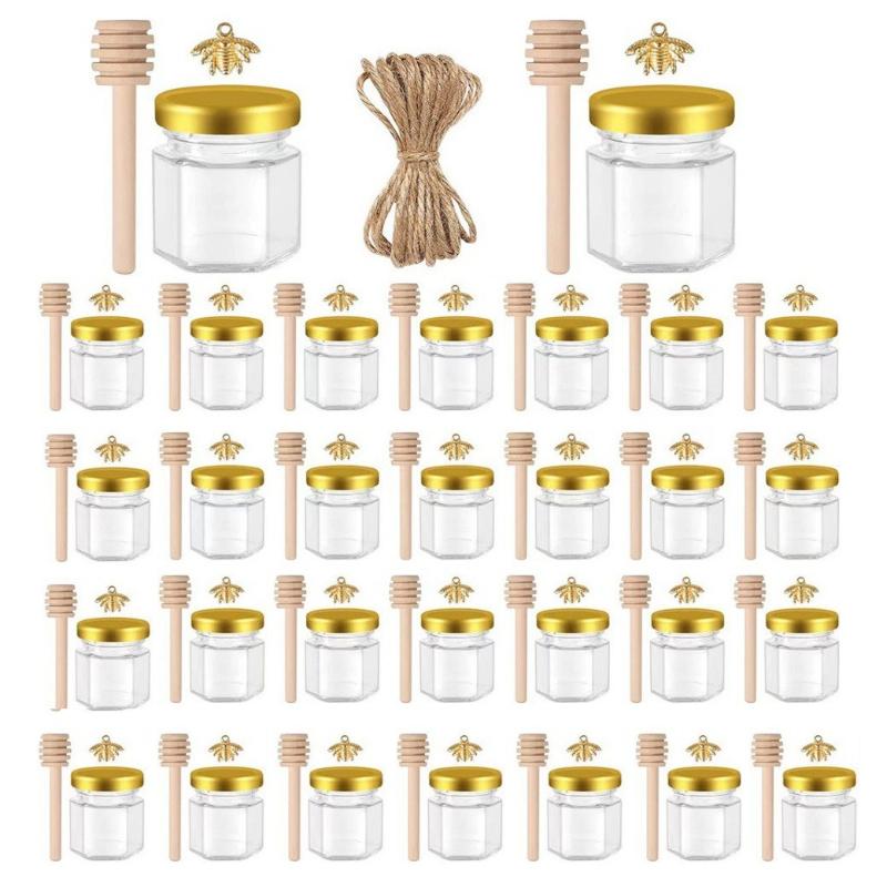 1.5Oz Hexagon Mini Glass Honey Jars Sealed Jars with Bee Pendants,Jutes,Wood Dipper Jam Jars for Party Favors Wedding Birthday