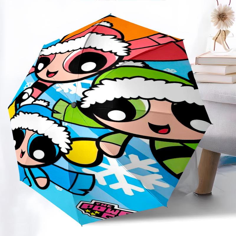 

1pc The Powerpuff Girls pattern Umbrella Portable Folding Umbrella Iron Frame Hole Bone Structure Outdoor Home Umbrella