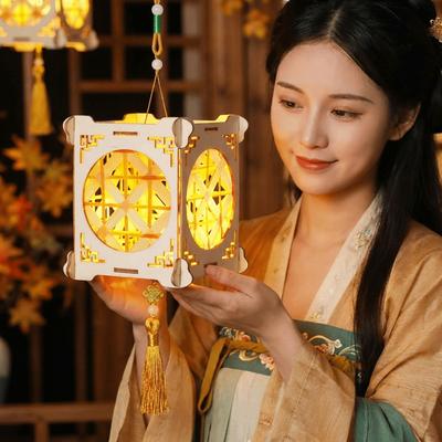 Rabbit Mid-Autumn Wooden Lantern Glowing Chinese Style Handheld Lantern Handmade DIY Portable Flower Lantern Girl