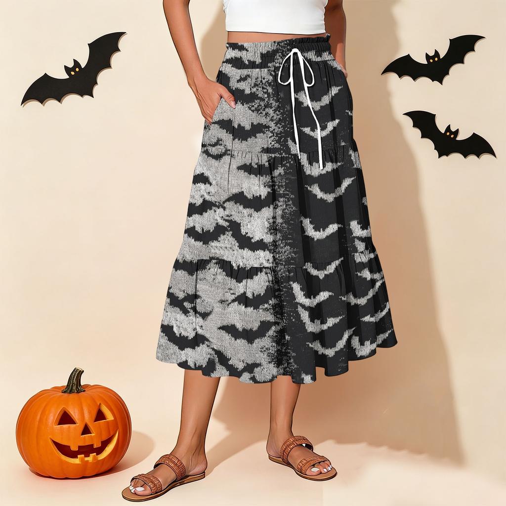 Women's Casual Stretch Waistband Drawstring Halloween Print Half-length Skirt