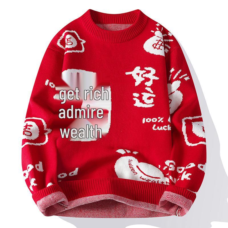 Herrstorlek Festlig Röd Stickad Tröja - Stjärntecken Rund Hals, Höst/Vinter, Exklusiv Känsla, Perfekt för Par