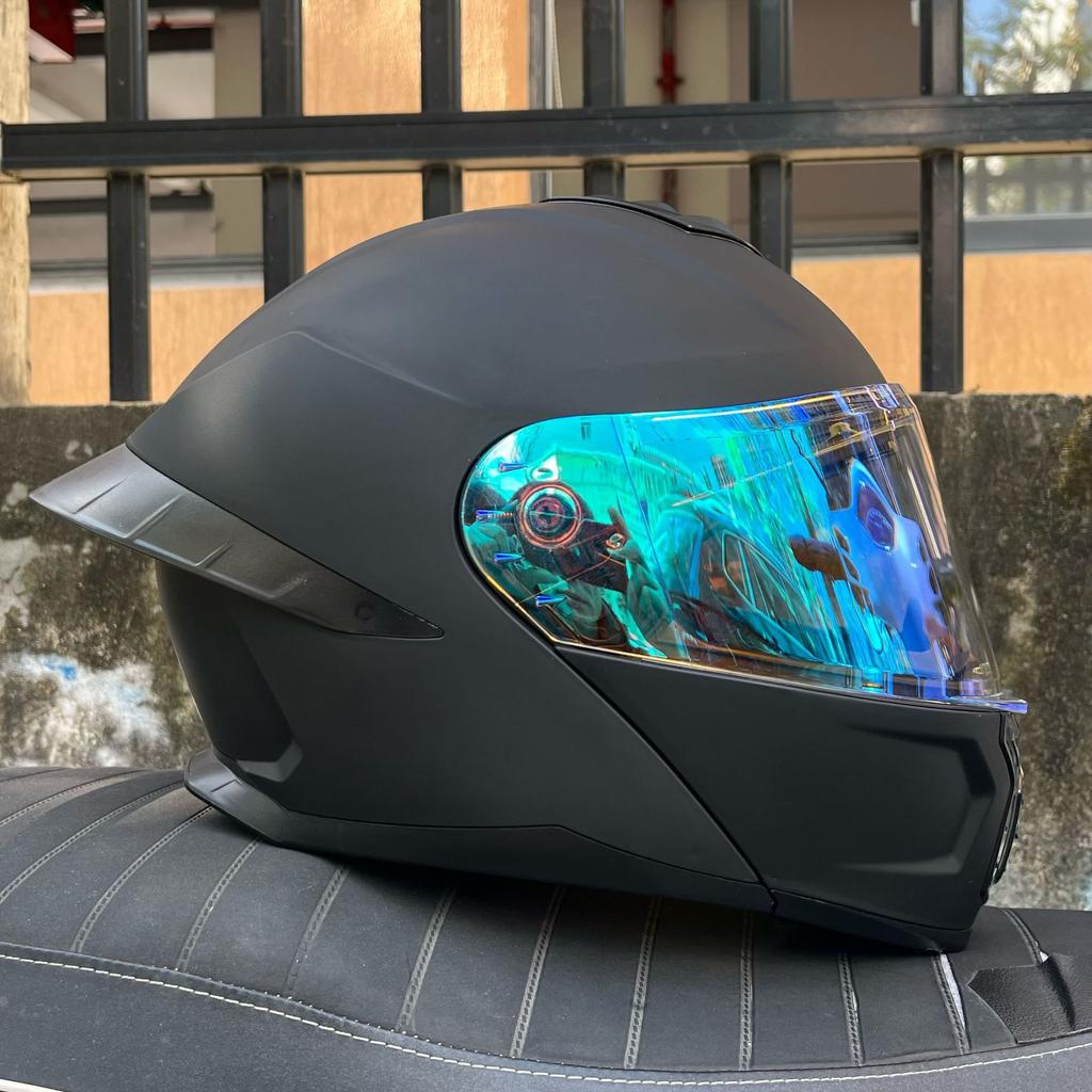 Motorcycle helmet Men's and women's face-off helmet Double mirror Winter tail semi-full cover Four Seasons Blue