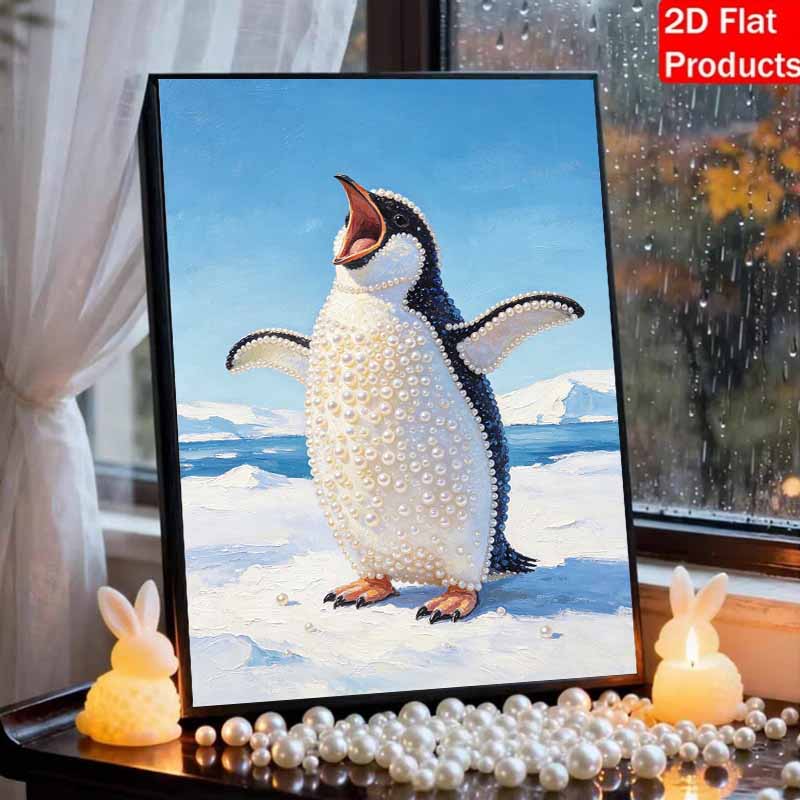 Sparkling Pearl Painting on Stretched Frame Cute Penguin Design DIY Bead Art Canvas Relaxing Hobby Gift for Craft Lovers Creative Decor