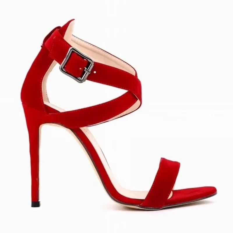 Women Sandals Stilettos  Summer Sexy Pumps 11cm Peep Toe Ankle Strap Velvet Thin High Heels Ladies Party Dress Wedding Shoes