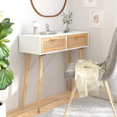 Vidaxl Stolik Konsolowy, Biały, 80X30X75 Cm, Lita Sosna I Rattan