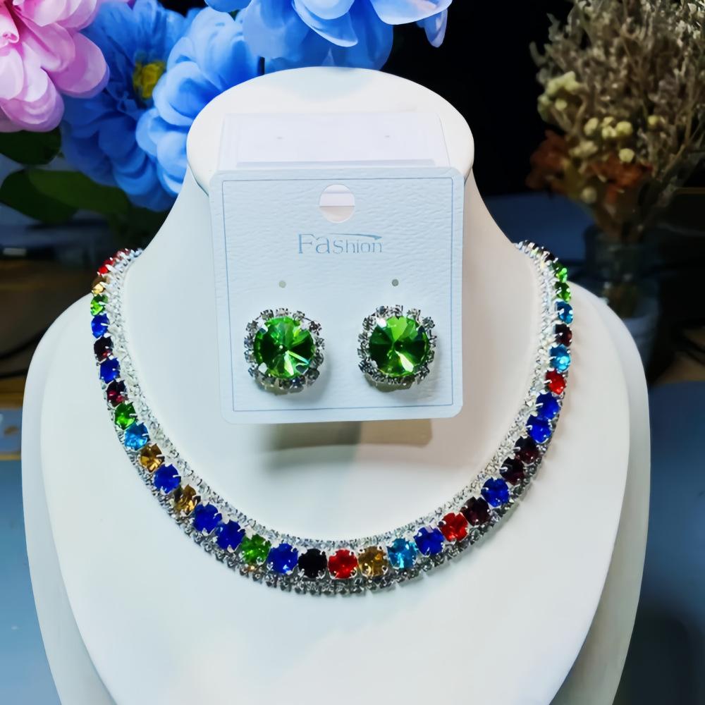 Diamond-Encrusted Square Stud Earrings Necklace Two-Piece Set Trendy High-End Elegant Earrings Niche Versatile Suit Women